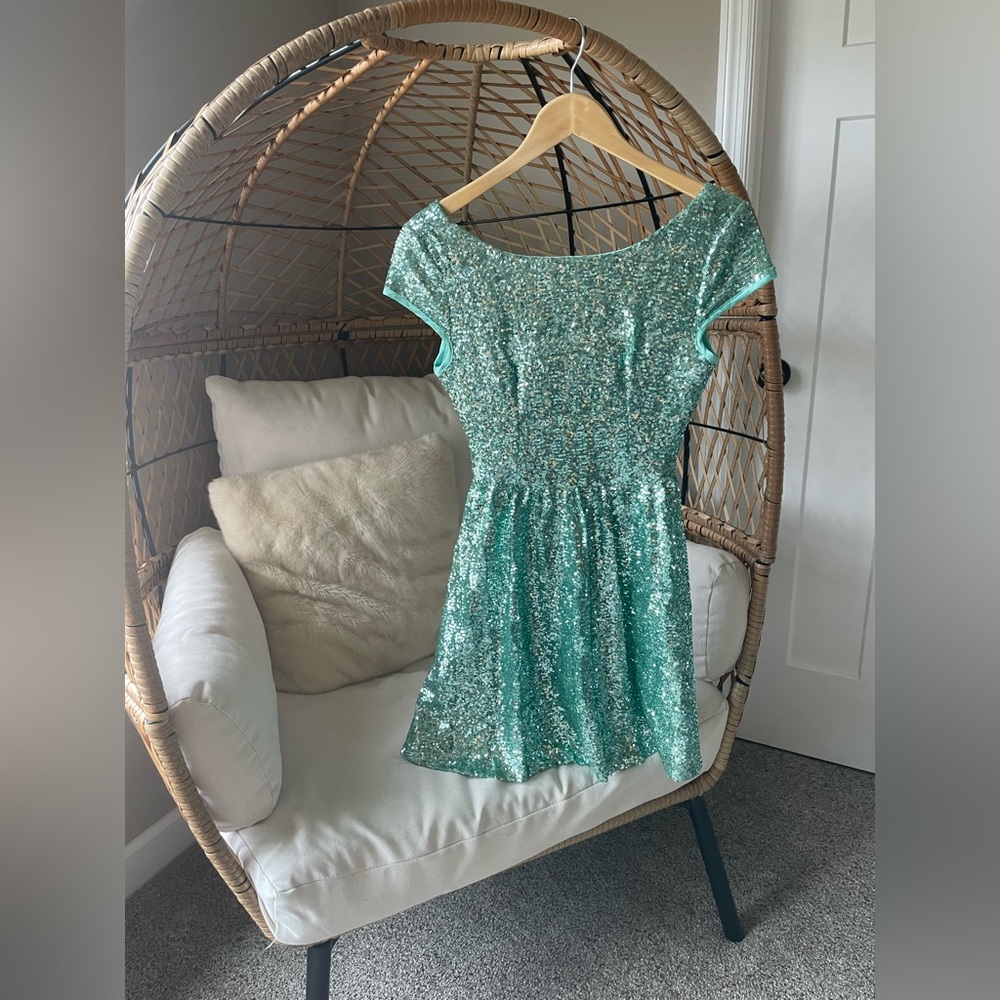 Turquoise Sequin Mini Dress with Cap Sleeves